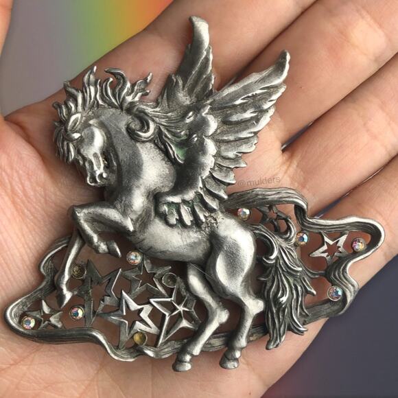Vintage Silver Tone Pegasus Flying Horse Mythical JJ Jonette Large Brooch Pin - Picture 2 of 9